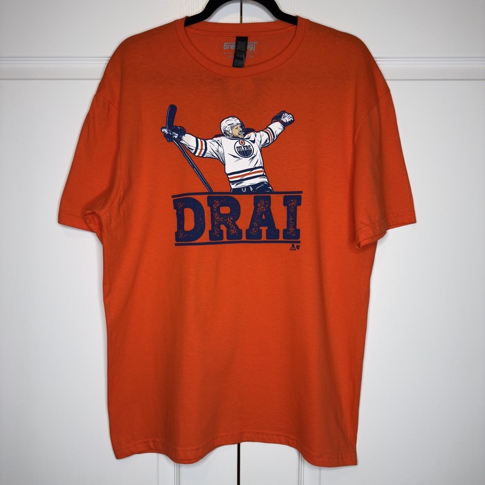Edmonton Oilers Shirt Mens Large Orange NHL Hockey Breaking T‎ Drai Graphic Tee